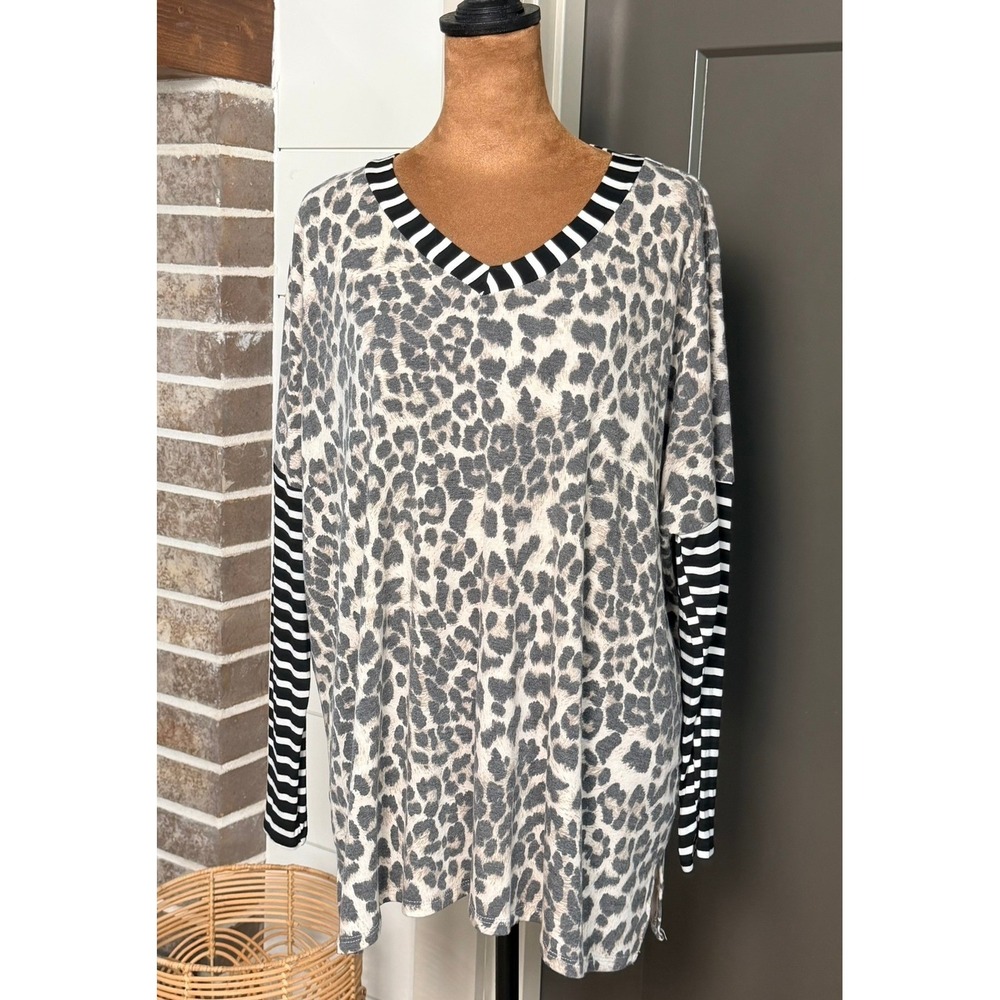 r2 Womens Grey Leopard Striped Oversized V-Neck Tunic Top M ET1540-344TR